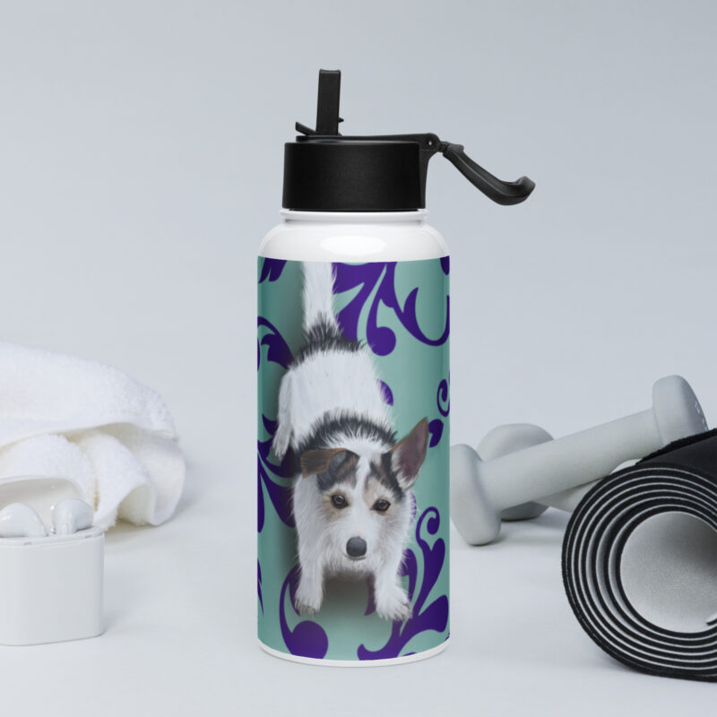 Jack Russell Stainless steel water bottle with a straw lid