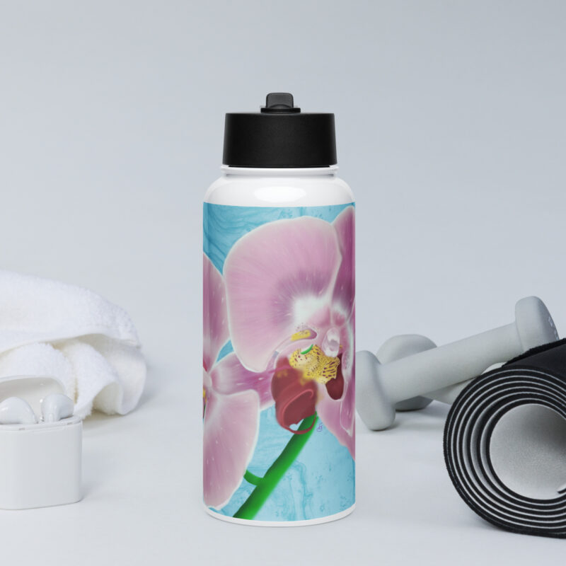 Pink Orchids Stainless steel water bottle with a straw lid